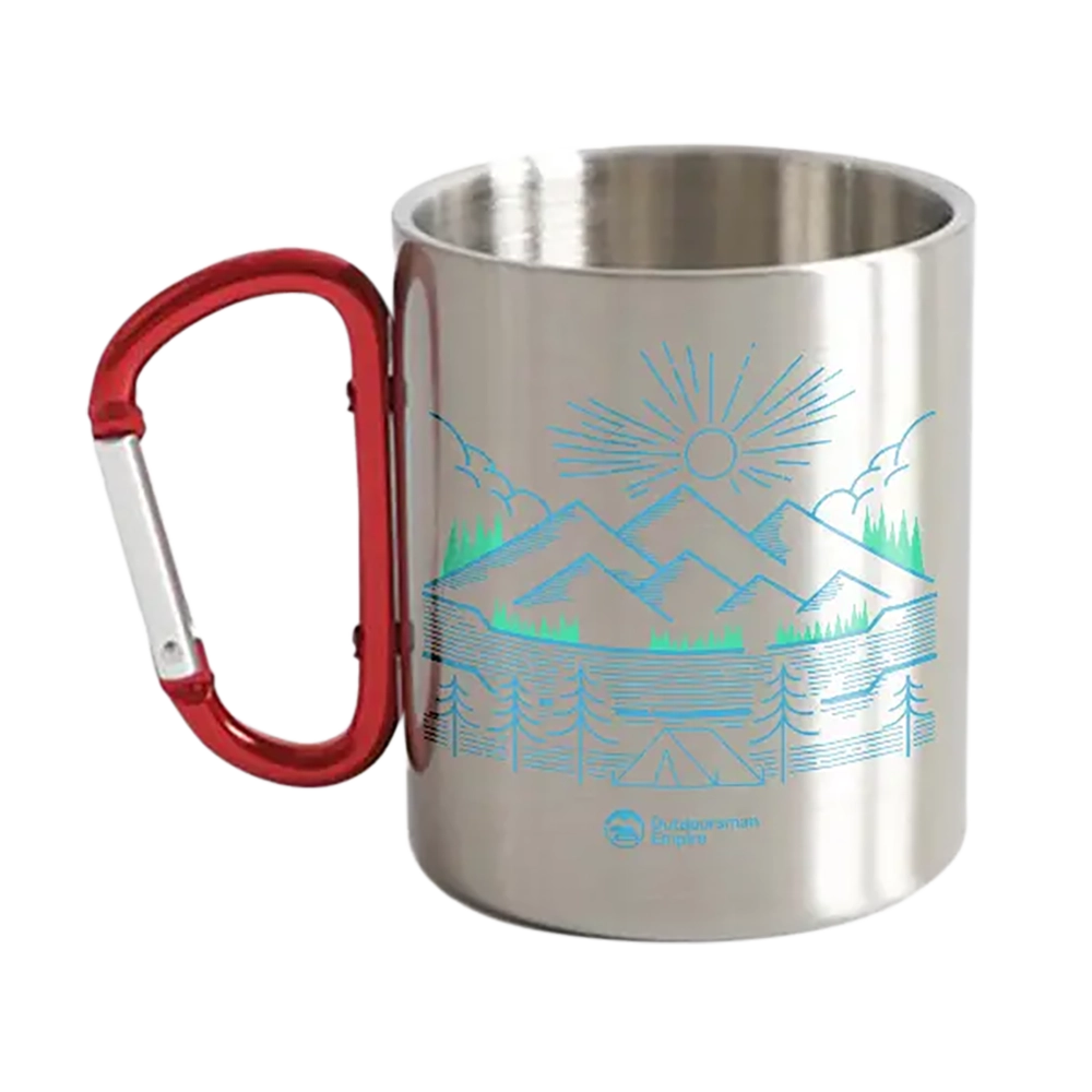 Crimson Eurybia camping lines carabiner mug, 12oz, with a sturdy metal handle and durable design for outdoor camping adventures.