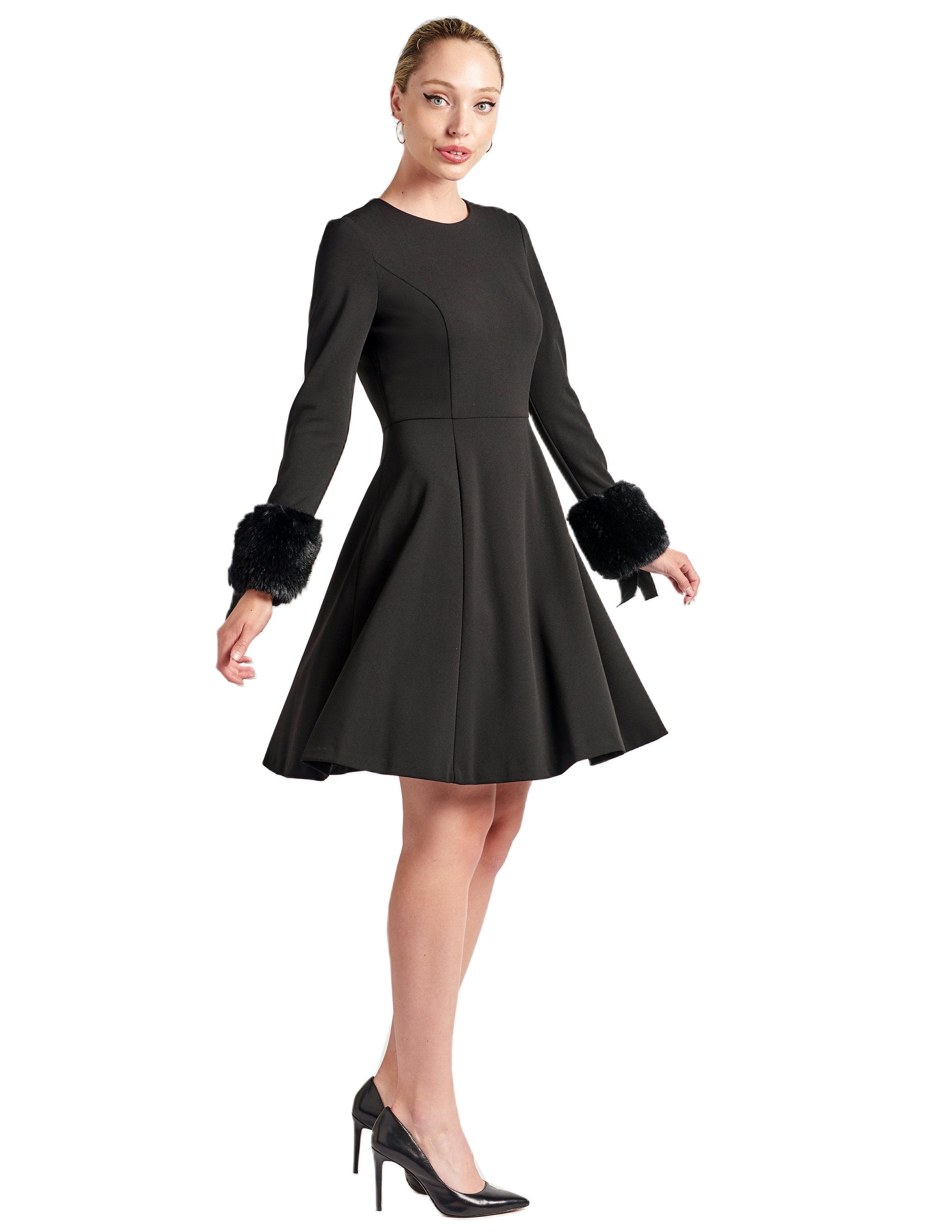 Black Caroline Dress by Peach Dionysus featuring long sleeves, fit and flare silhouette, and faux fur accents.