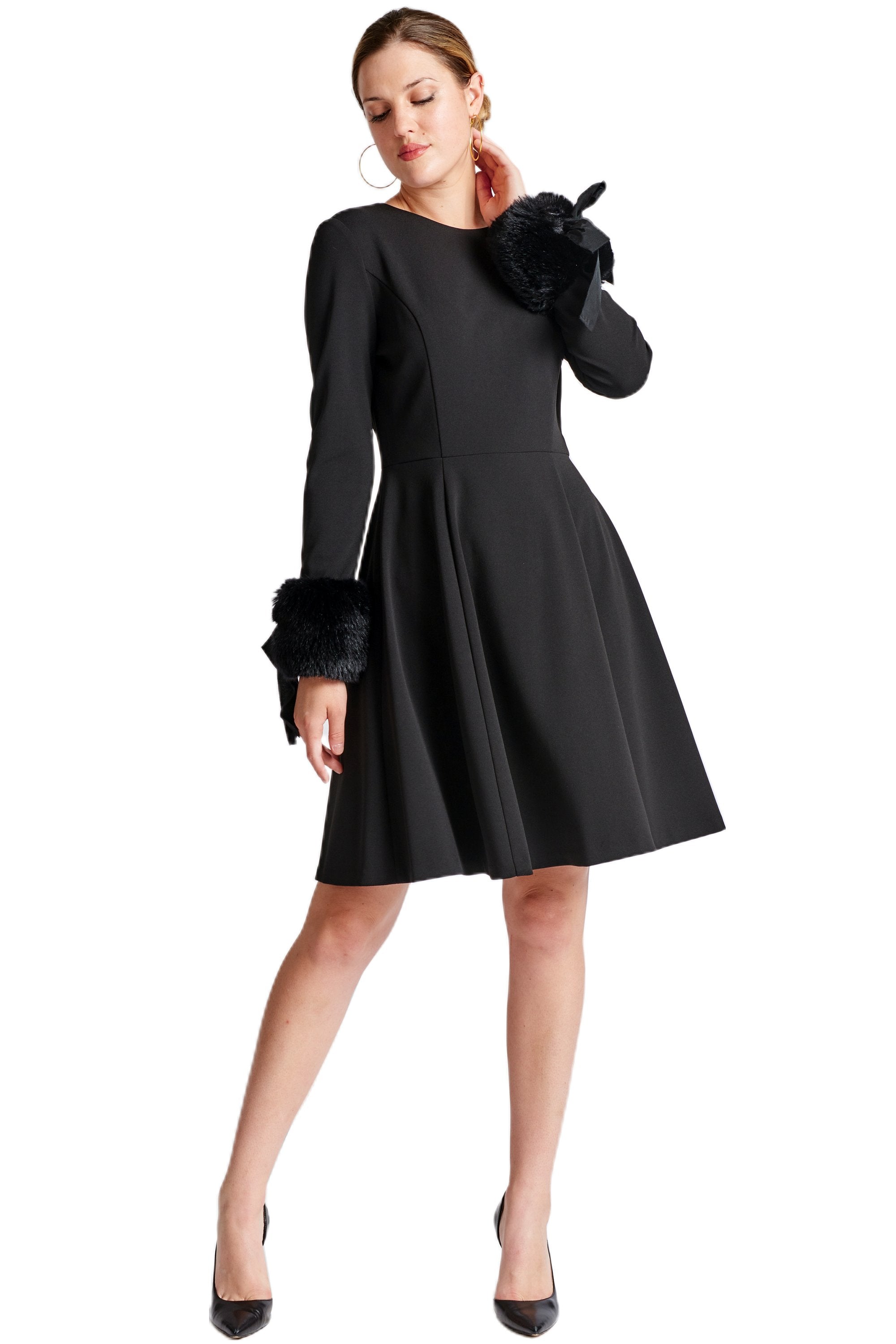Peach Dionysus Caroline long sleeve fit and flare black dress with faux fur detail, front cropped view.