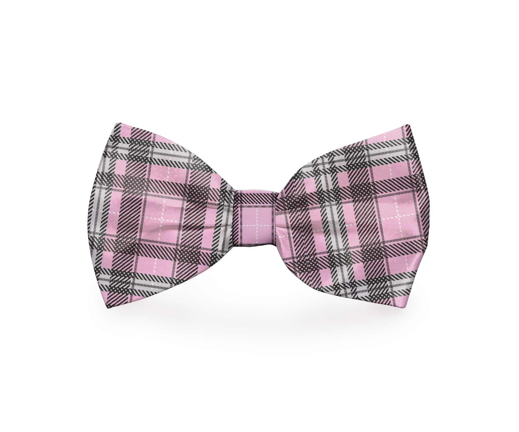 Pink plaid dog bow tie by Plum Semele, stylish petwear accessory for dogs, shown on a mockup with a classic pattern.