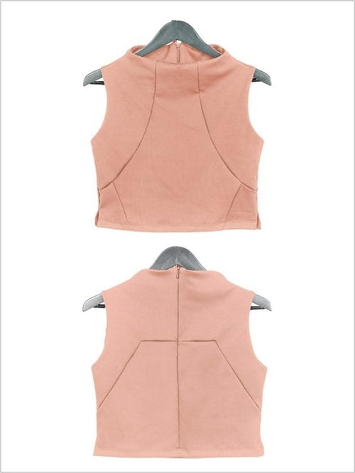 Salmon Bella coral Victoria crop top with gray box design, stylish and casual for trendy tops and blouses.