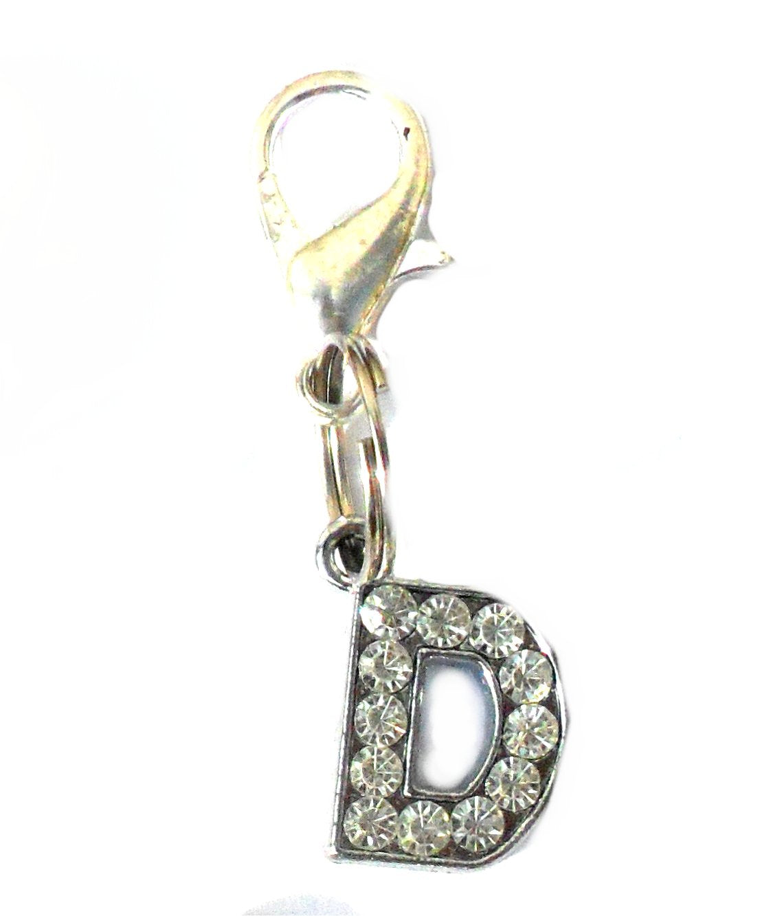 Salmon Oscar A-Z crystal letter pet charm attached to a leash or collar, featuring sparkling crystal accents on a metal letter.
