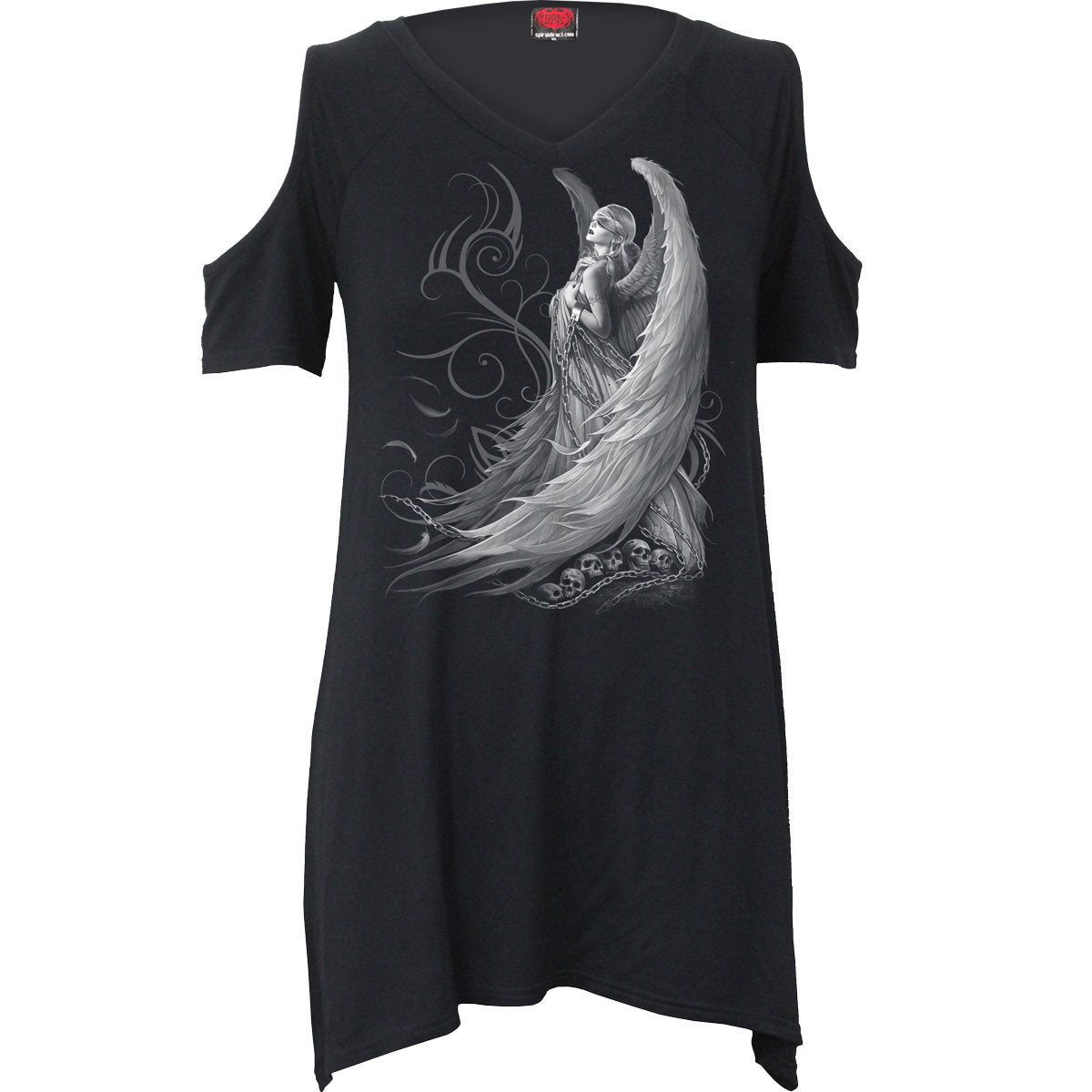 Black Jasper Cold Shoulder Goth Top from Captive Spirits, stylish black blouse with cut-out shoulders and long sleeves.