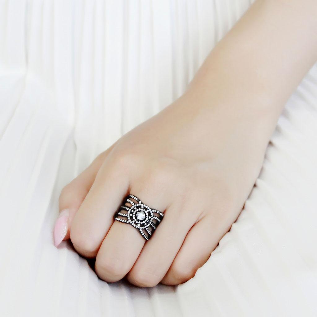 Black ion-plated stainless steel ring with AAA grade cubic zirconia, featuring a sleek design from Turquoise Tiger jewelry collection.