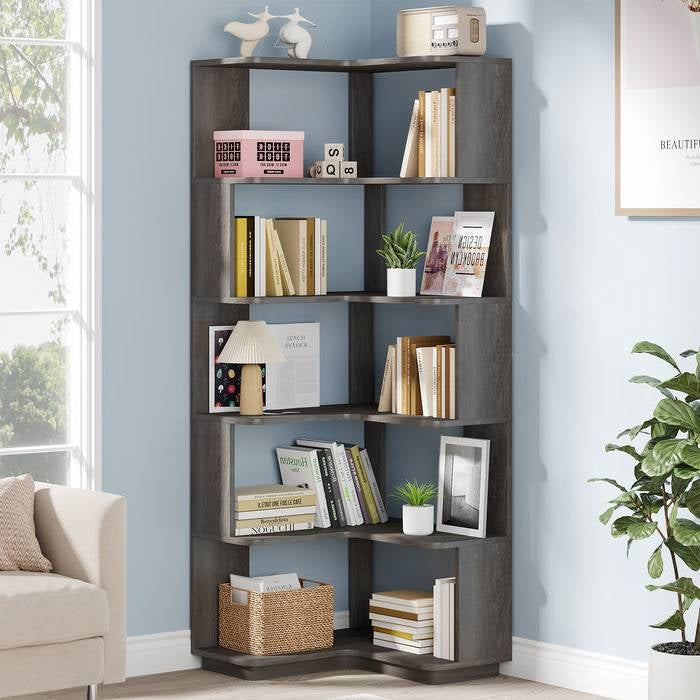 Multifunctional 6 Shelf Corner L-Shaped Bookcase in Dark Grey Wood Finish
