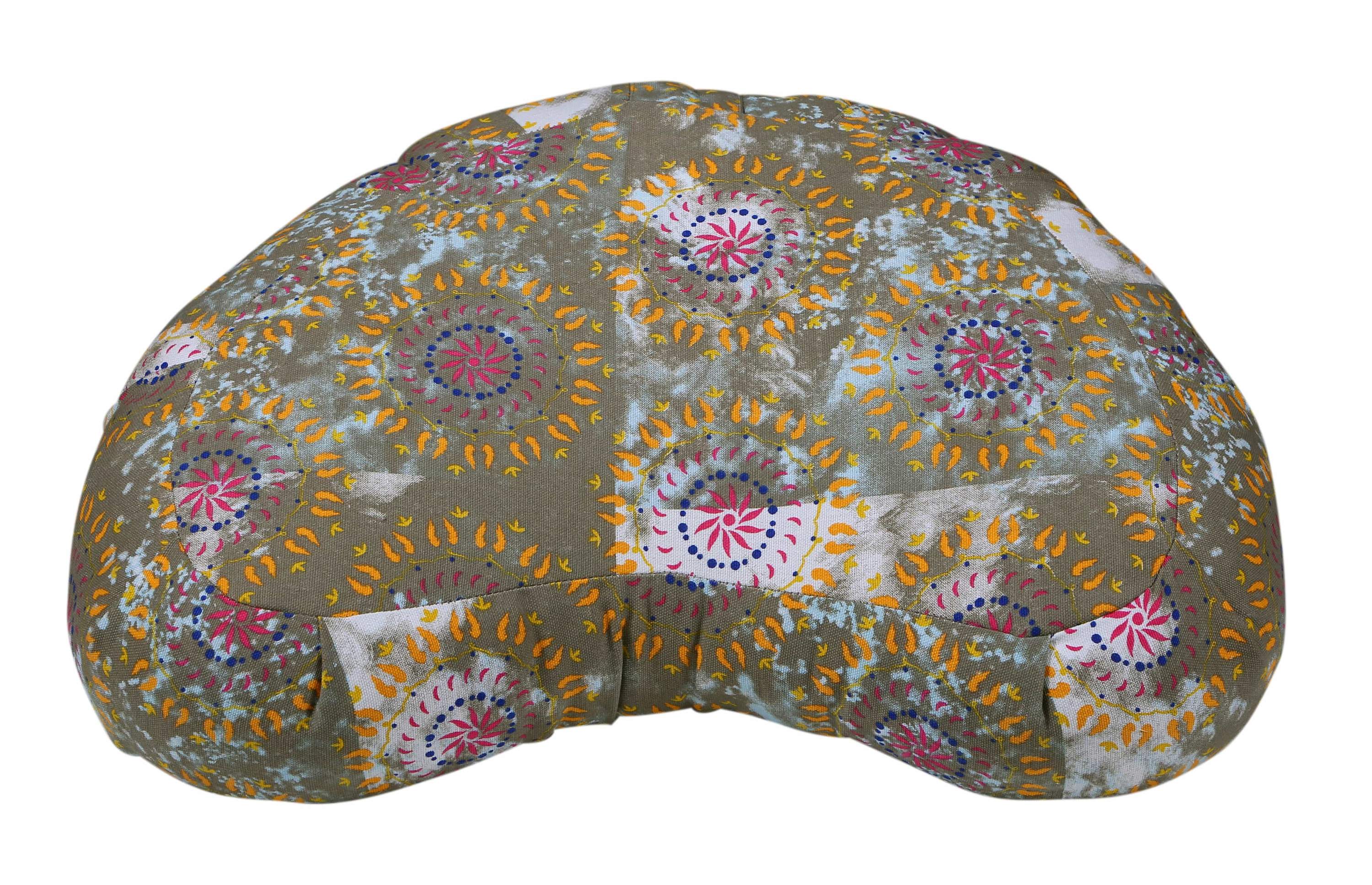 Azure Jason Halfmoon Zafu yoga pillow in beige with a textured fabric cover, designed for comfortable meditation and yoga practice.