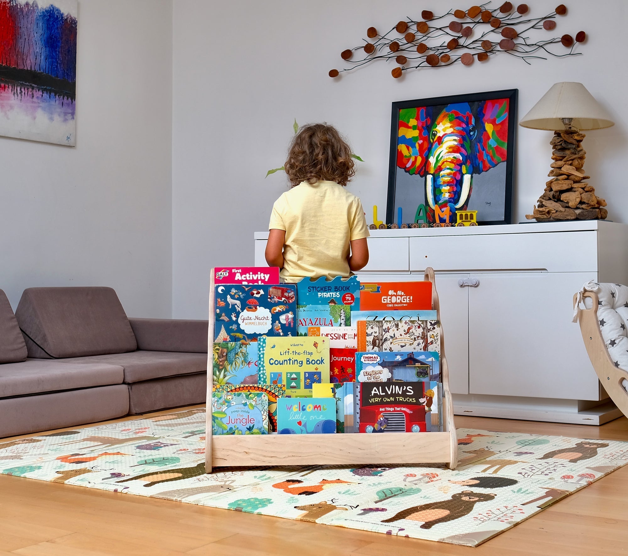 Red Oceanus Seatable wooden bookshelf in small, medium, or large size, showcasing a modern furniture piece with shelves and a sturdy design.