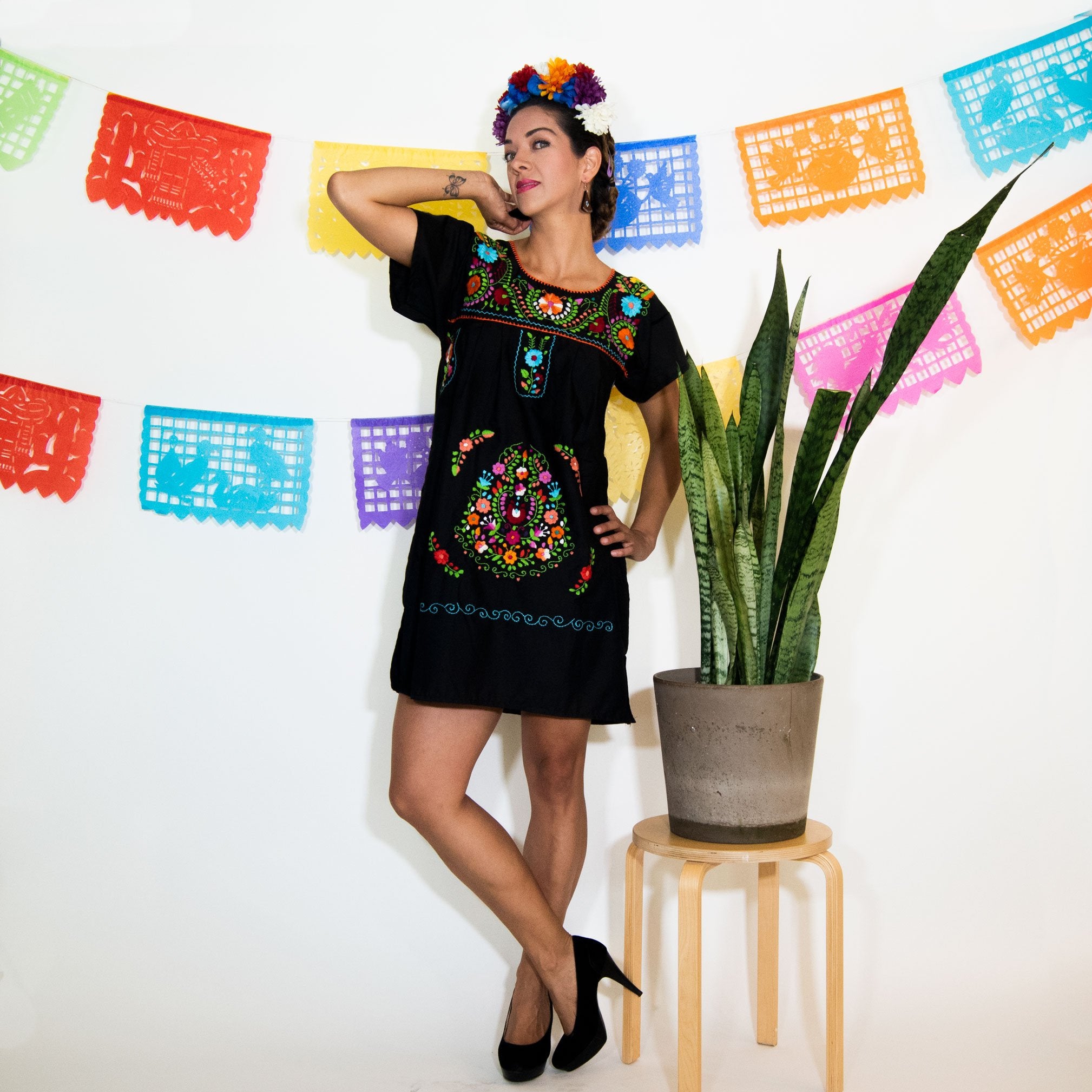 Black Mexican dress with multicolored floral patterns, women&