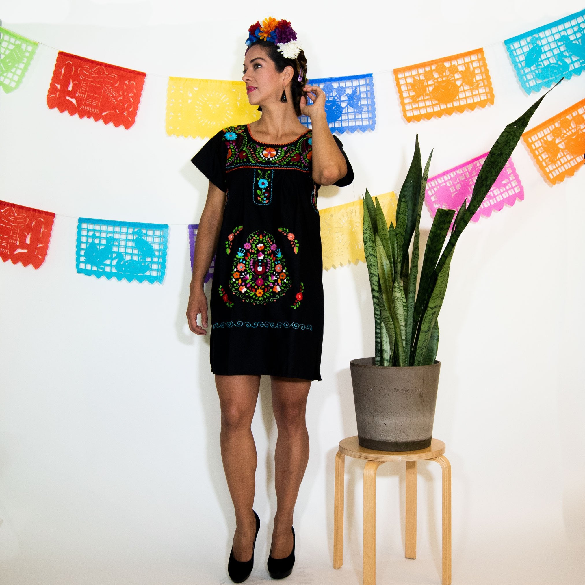Black Mexican dress with multicolored floral embroidery, women&