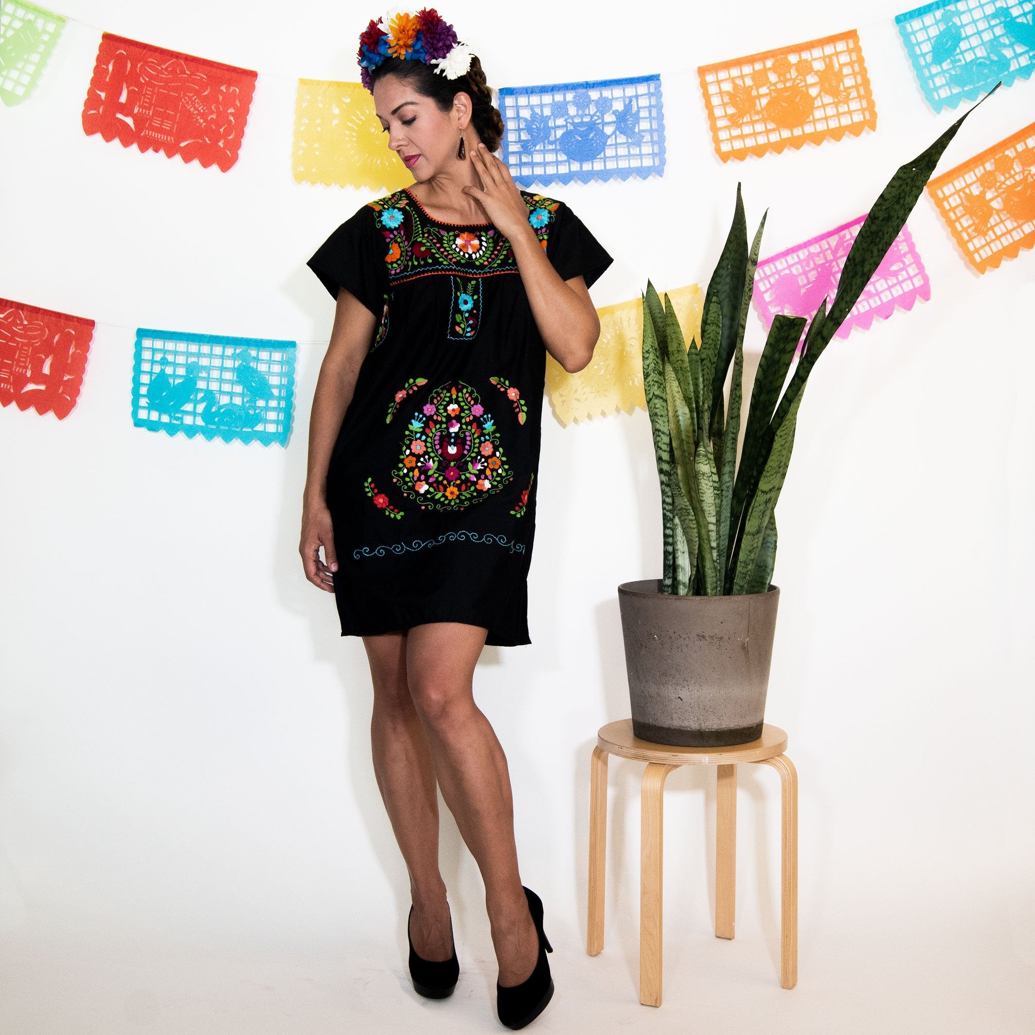 Black Mexican dress with multicolored floral pattern, women&