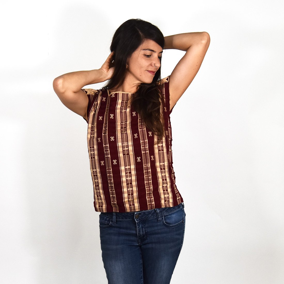 Handmade burgundy huipil by Violet Athena, women&