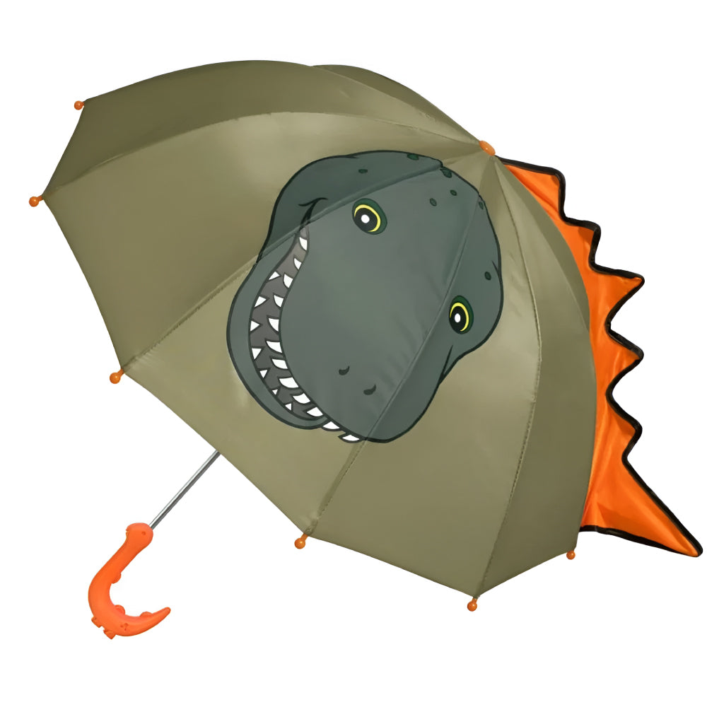 Kids and babies dinosaur umbrella by Magenta Ash, featuring a colorful dinosaur design, shown from the right side.