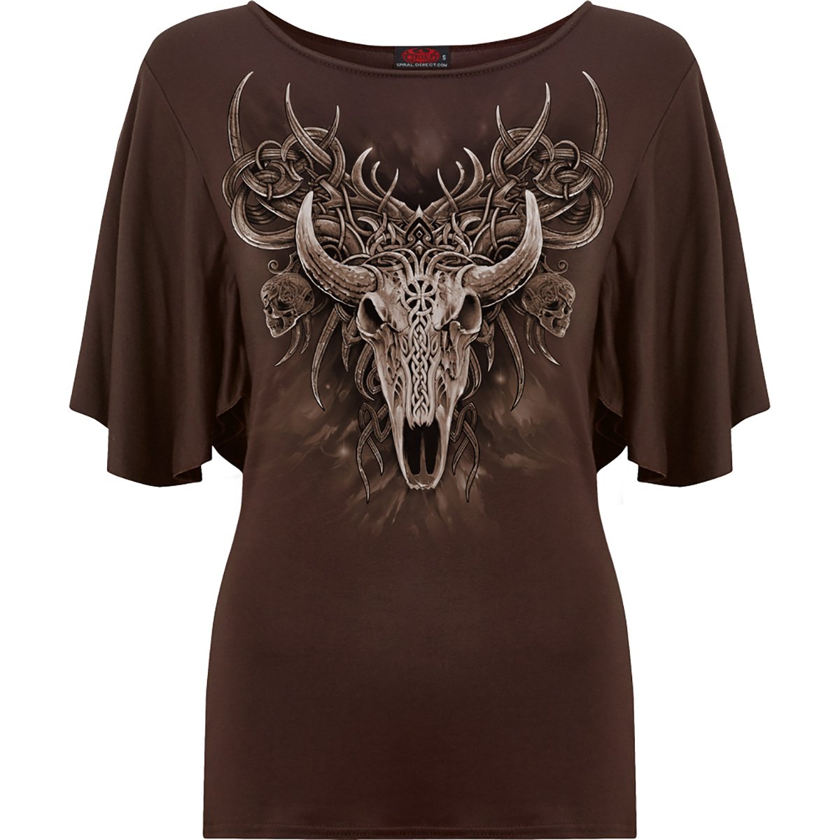 Black Jasper horned spirit boat neck bat sleeve top in chocolate, featuring a stylish boat neckline and batwing sleeves.