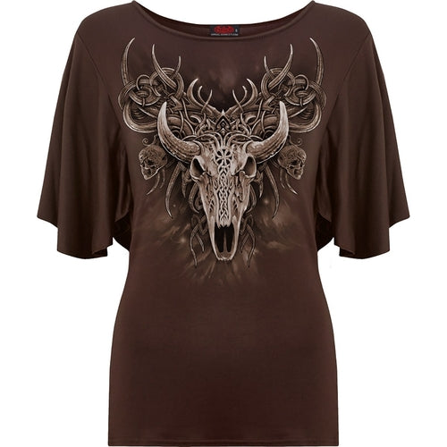Black Jasper horned spirit boat neck bat sleeve top in chocolate color, featuring a stylish boat neckline and batwing sleeves.