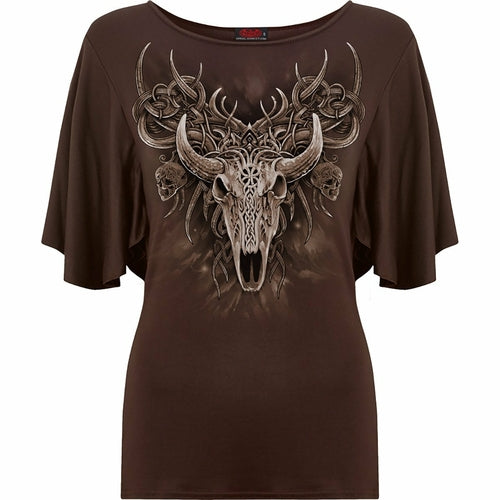 Black Jasper horned spirit boat neck bat sleeve top in rich chocolate color, featuring a stylish boat neckline and batwing sleeves.