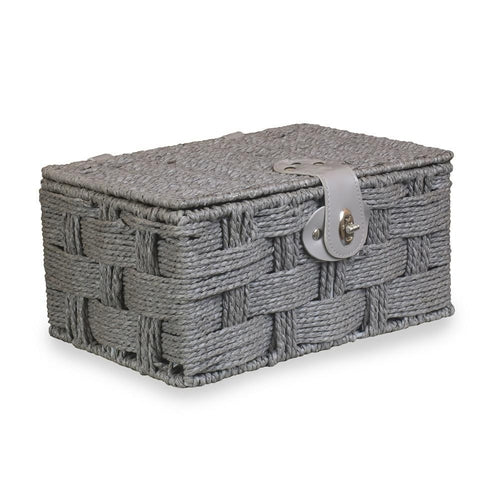 Twisted grey paper rope storage basket for home decor by White Chronos, featuring a woven design and sturdy handles.