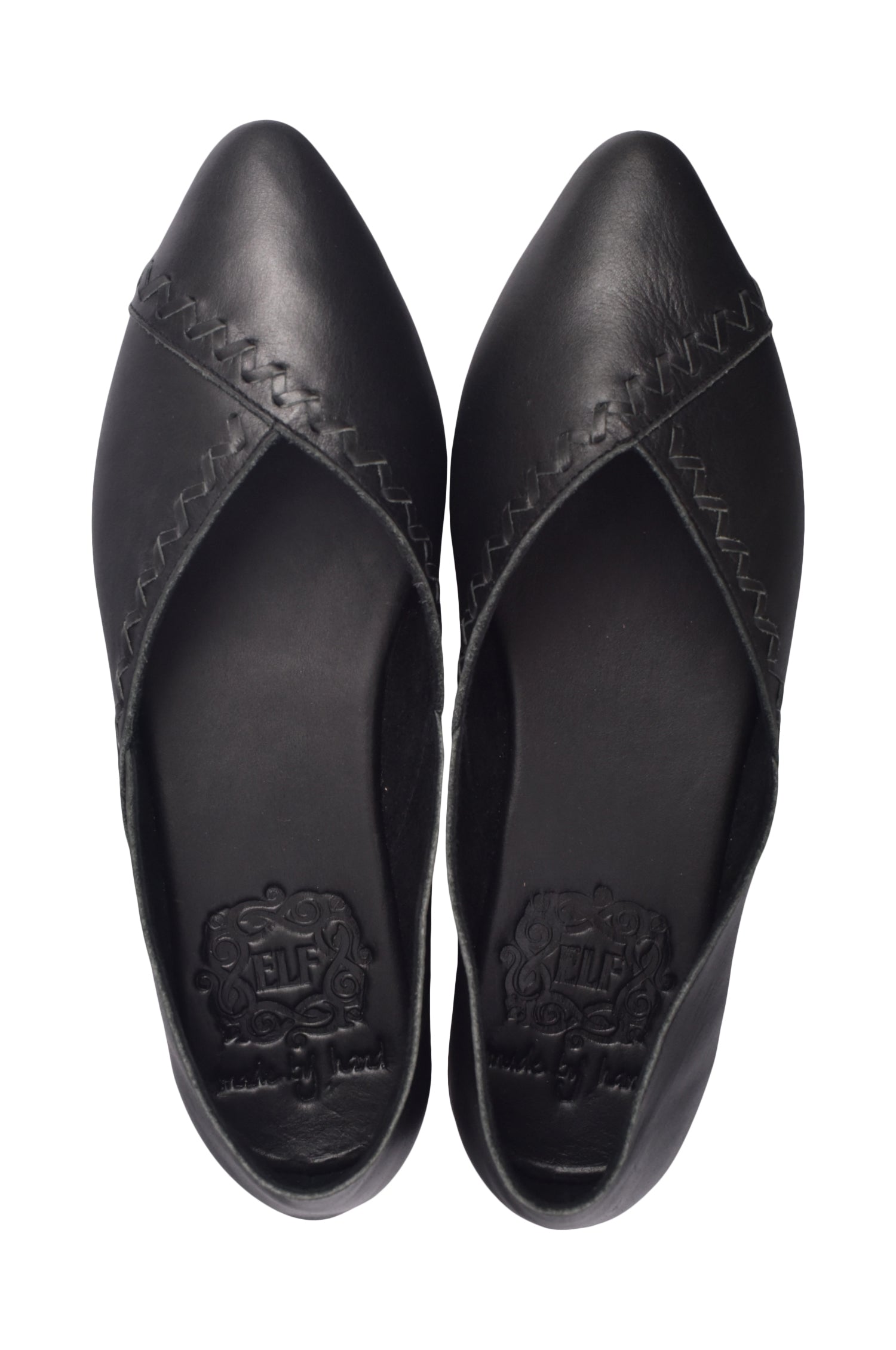 Black Gold Ares Elle pointed toe leather flats for women, showcasing sleek design and smooth leather material.