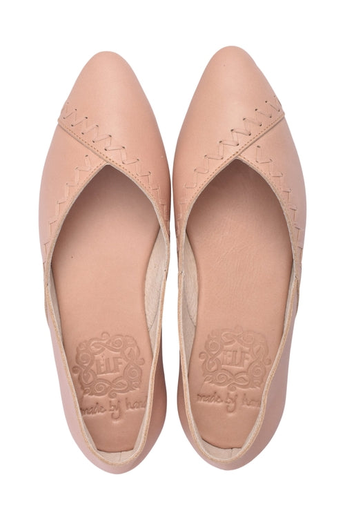 Gold Ares Elle pointed toe leather flats for women in vintage beige, showcasing sleek, stylish footwear with a pointed design.