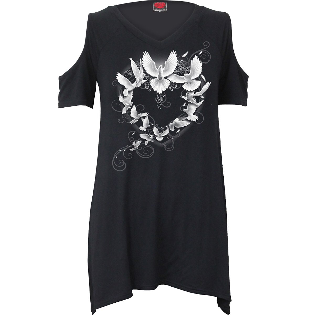 Black Jasper Doves Heart cold shoulder goth T-shirt featuring a heart and dove design on black fabric.