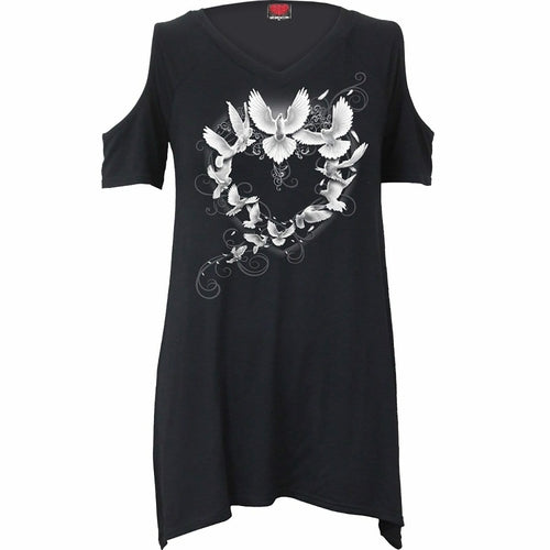 Black Jasper Doves Heart cold shoulder goth T-shirt with a heart and dove graphic, featuring a stylish cold shoulder design.