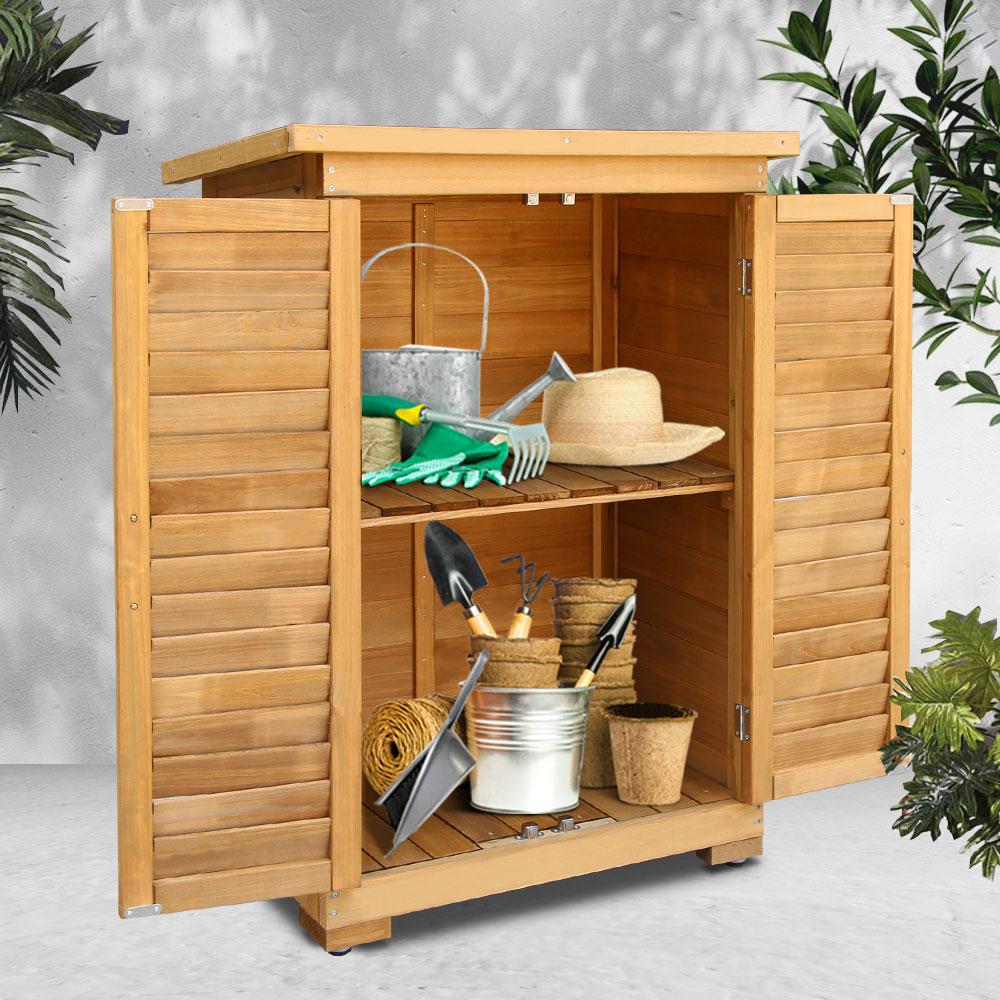 Ozdingo Gardeon portable wooden garden storage cabinet with double doors and natural wood finish for outdoor organization