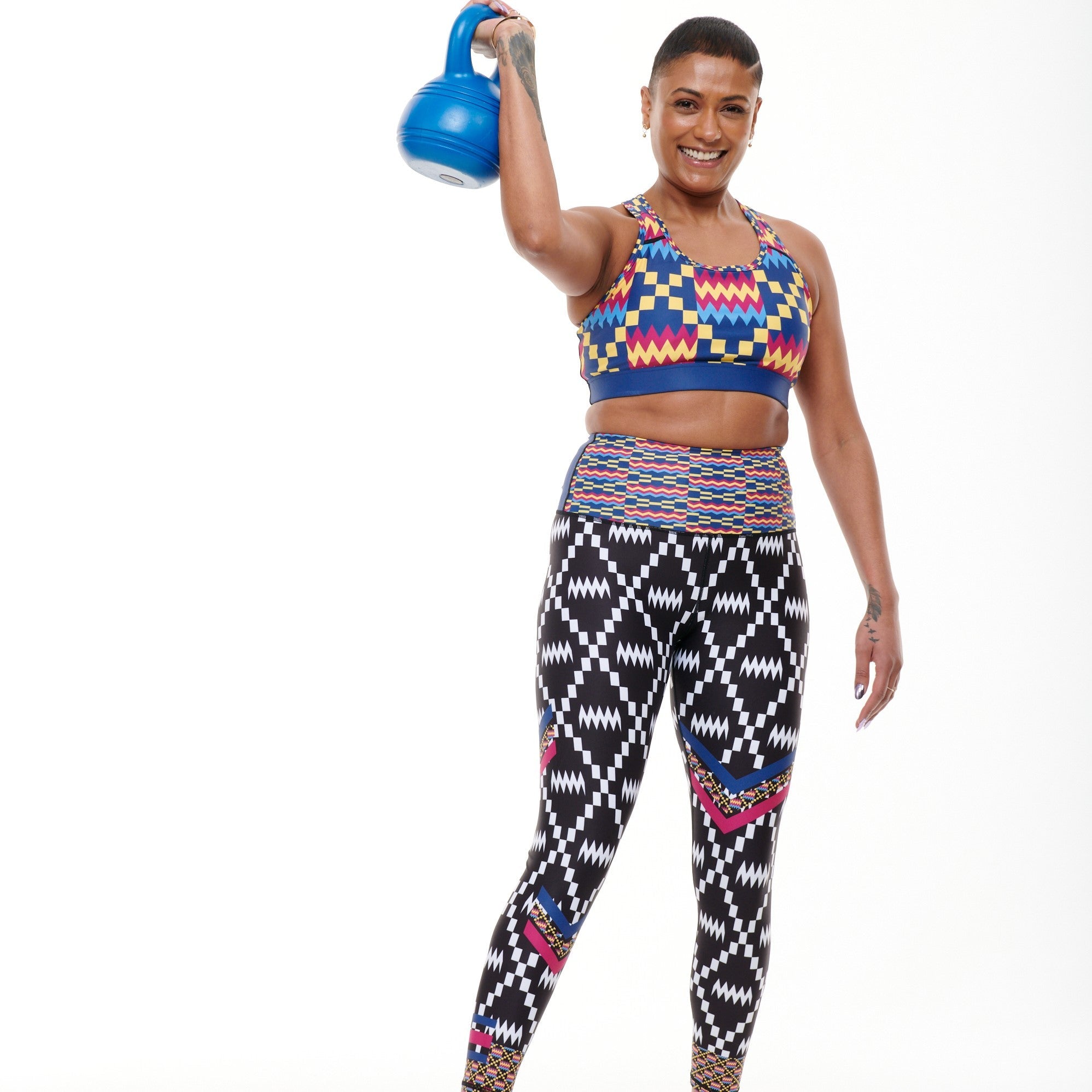 White Oliver Kayentee Cerulean Splash activewear leggings featuring vibrant blue and white watercolor patterns for a stylish workout look.