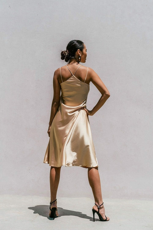 Light gold Florida Minimal Satin Slip Dress for women by Azure Thanatos, showcasing smooth satin fabric and elegant fit.