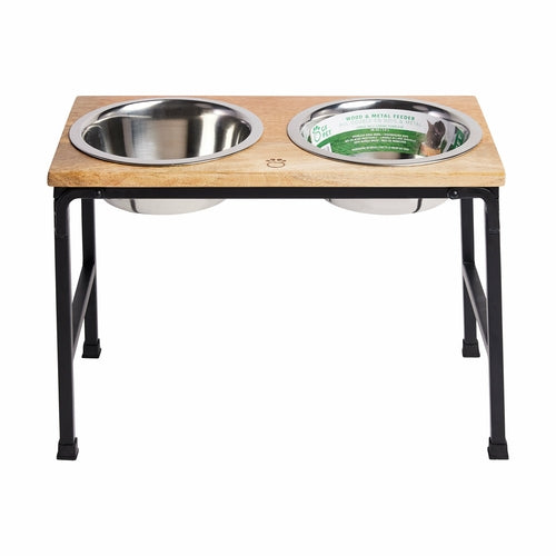 Beige Antigone elevated wood and metal pet feeder with a tall stand, designed for easy feeding of pets.