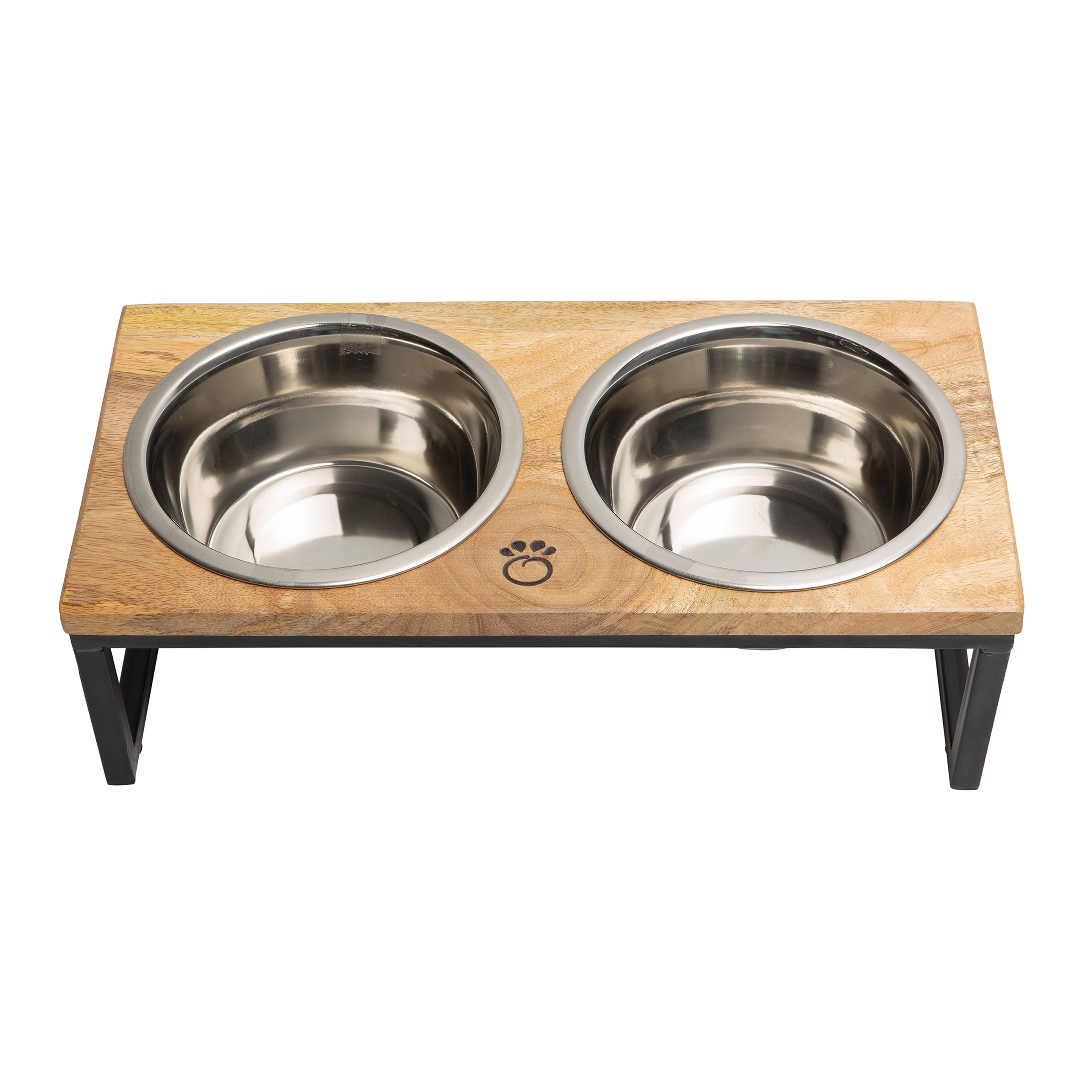 Beige Antigone elevated wood and metal pet feeder with a sleek design, suitable for leash and collar accessories.