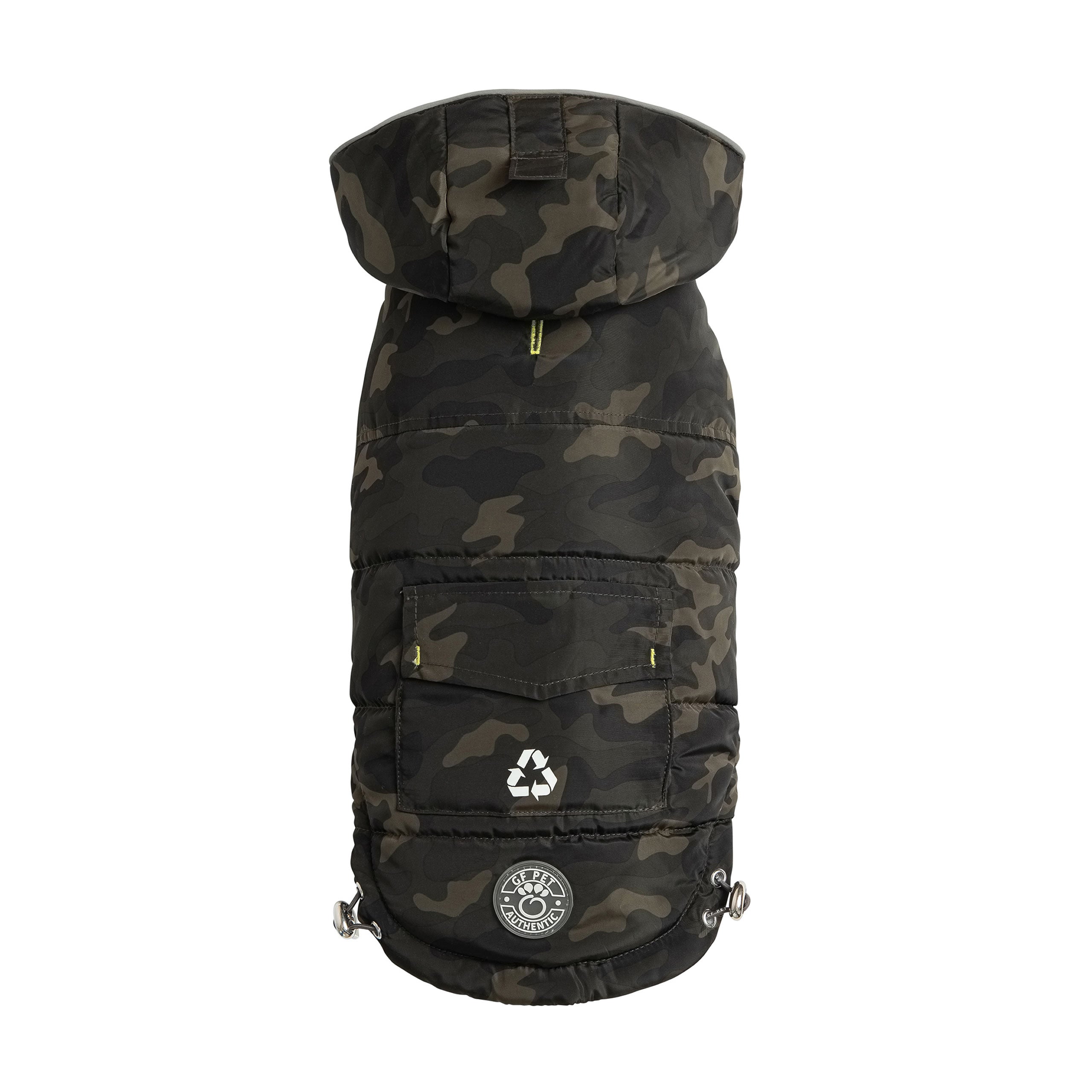 Beige Antigone recycled camouflage parka for pets, showcasing a cozy, eco-friendly petwear design with camouflage pattern.