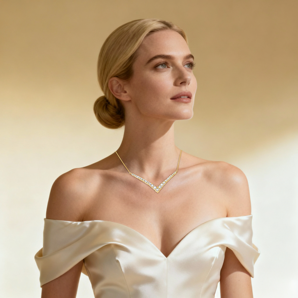 Olive Atalanta 5ct lab diamond V-shaped necklace with graduated round brilliant diamonds, IGI certified jewelry piece.