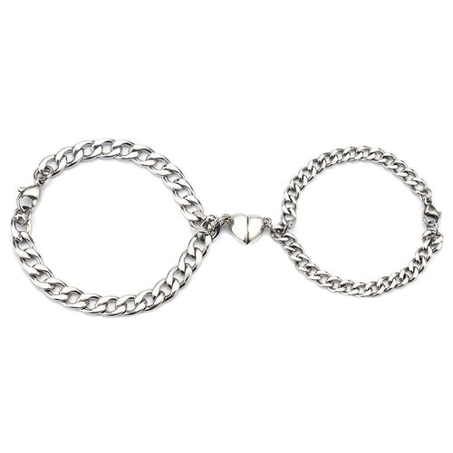 Silver Juneberry stainless steel couple bracelets with magnetism heart charms and Cuba chain design, perfect for romantic matching jewelry.