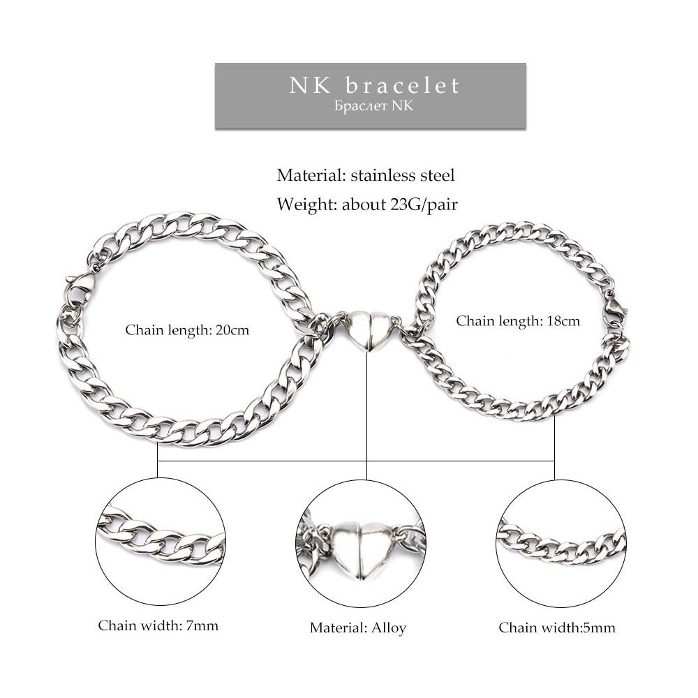 Silver Juneberry stainless steel couple bracelets with magnetism heart charms on Cuba chain, showcasing intertwined design.