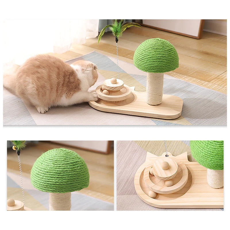 Yellow Pandora pet tree scratching post with attached toy for cats, featuring sisal scratching surface and playful hanging toy.
