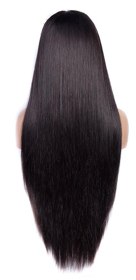 Cerise Alfie straight Brazilian human hair wig with bangs, full machine-made, showcasing sleek, natural black hair style.
