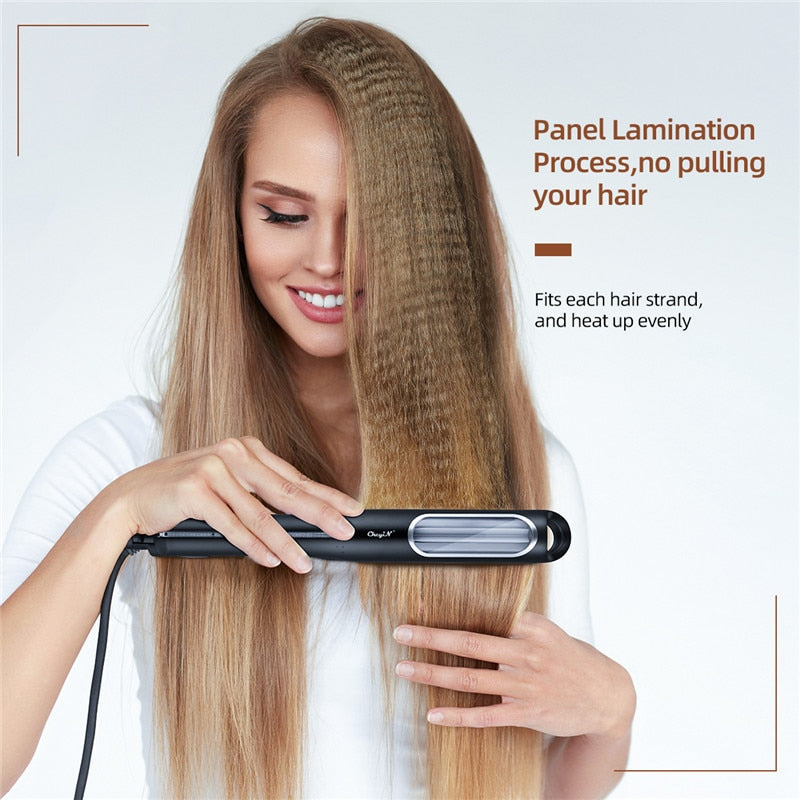 Maroon Asteria automatic rotating hair curler creating professional corrugated waves in hair, showcasing its sleek design.