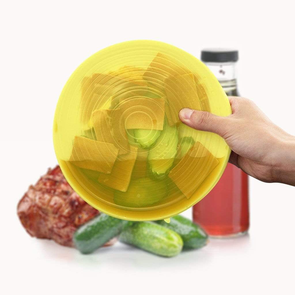 Six yellow silicone food lids in a set, flexible and reusable, ideal for sealing bowls and containers, by Yellow Lavender.