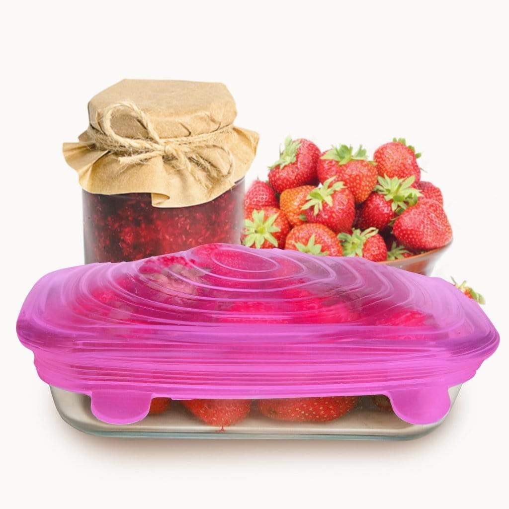 Six colorful silicone food lids from Yellow Lavender set laid out, showing flexible, reusable covers for bowls and containers.