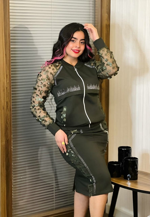 Transparent 2-piece jacket and skirt set for women by Copper Poplar, featuring a stylish, see-through design with modern fashion appeal.