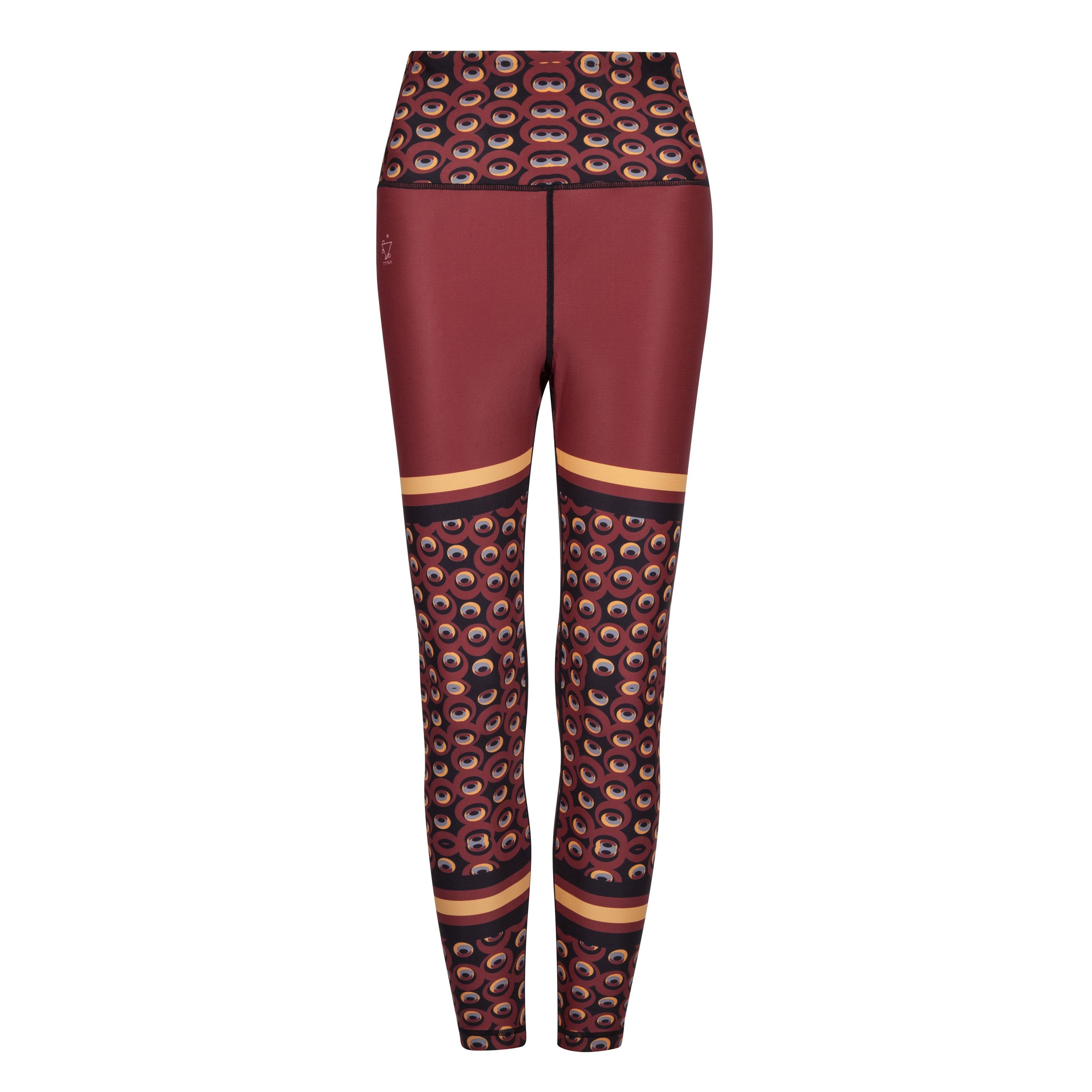White Oliver Siefay On Iron Red Funky Activewear Leggings with bold red and black abstract pattern, close-up view of fabric and design.