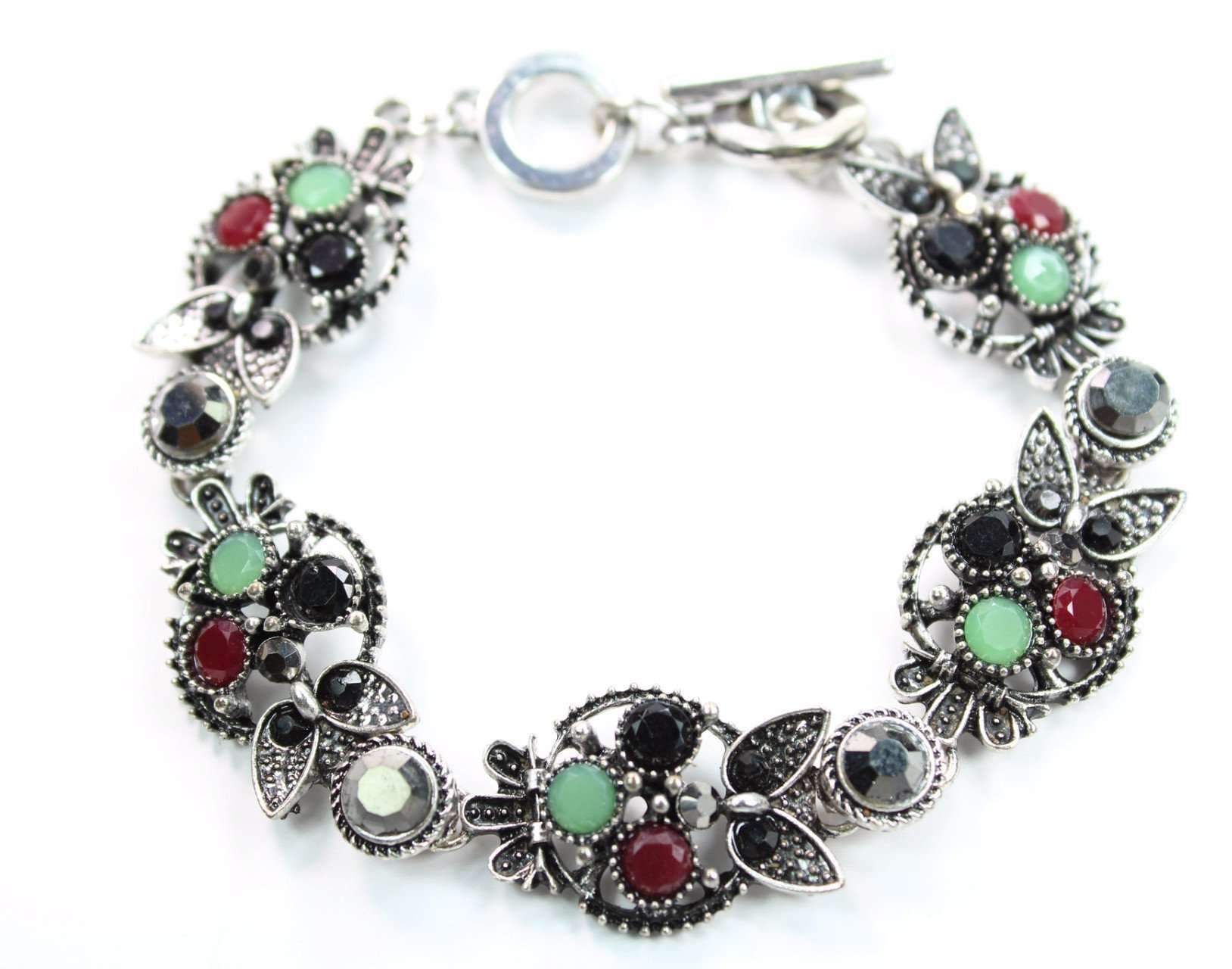 Silver Hestia Brilliant Multi Crystal Owl Bracelet featuring sparkling crystal owl charms on a silver chain.