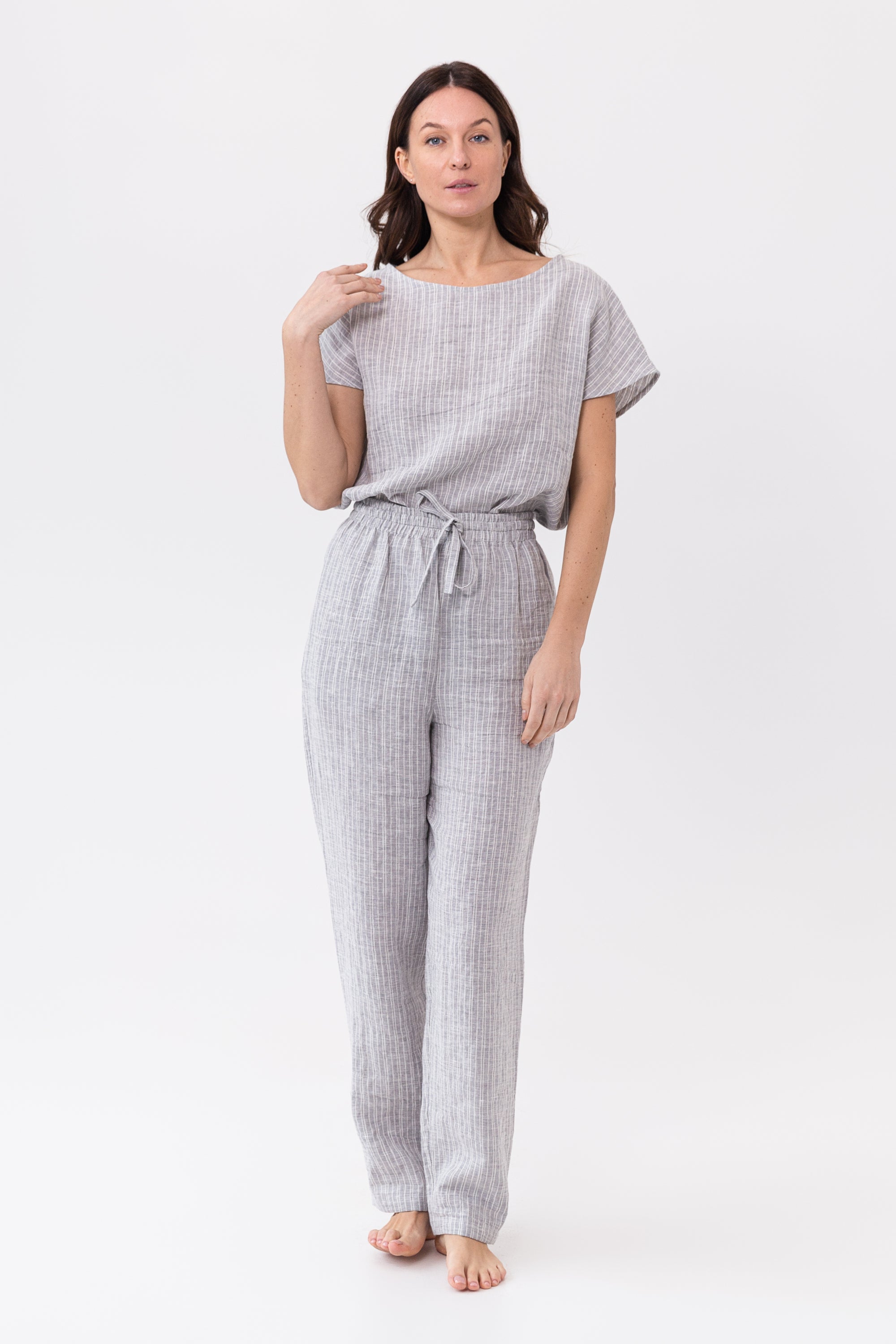 Cloudy grey stripe linen pajama set by Magenta Sugarplum, comfortable linen sleepwear with natural and grey striped design.