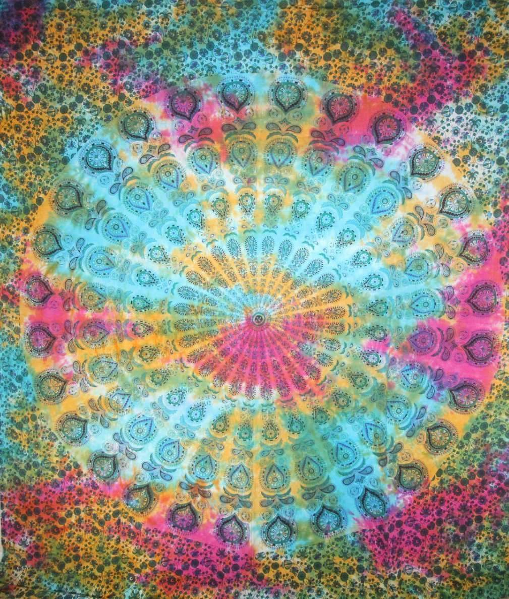 Colorful peacock feathers mandala tapestry for home decor, featuring intricate design and vibrant hues, by Silver Hestia.