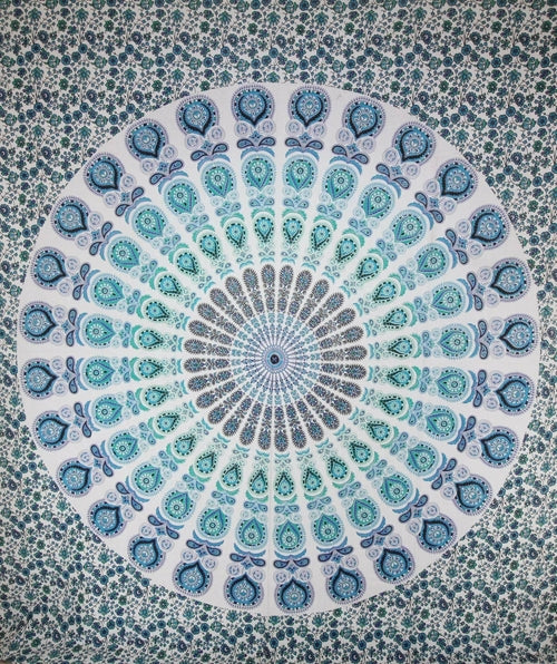 Peacock feathers mandala tapestry from Silver Hestia, featuring vibrant feather patterns and intricate mandala design for home decor.