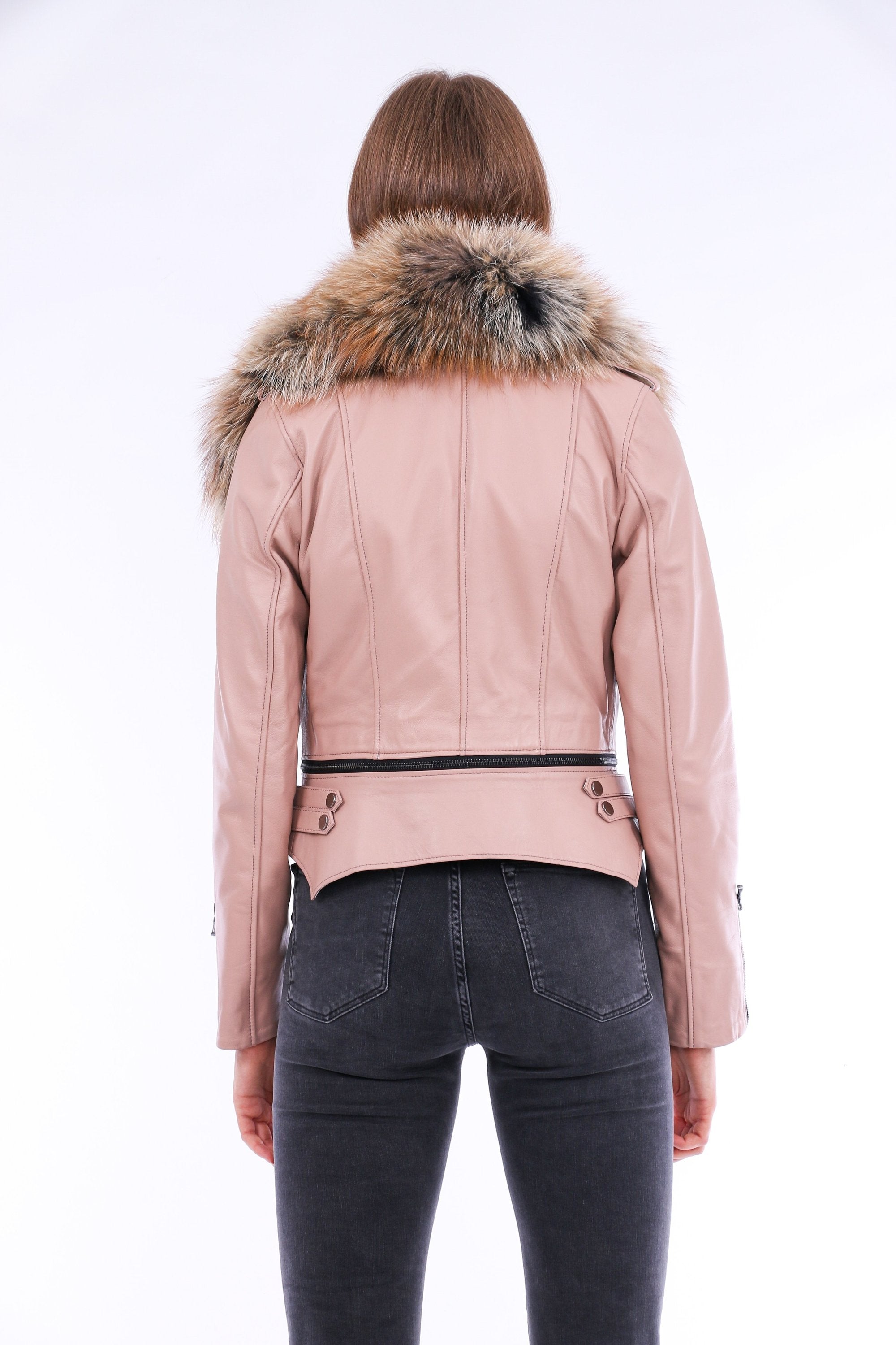 Pink leather biker jacket by Sangria Iapetus, featuring classic design and silver hardware, displayed on a hanger.