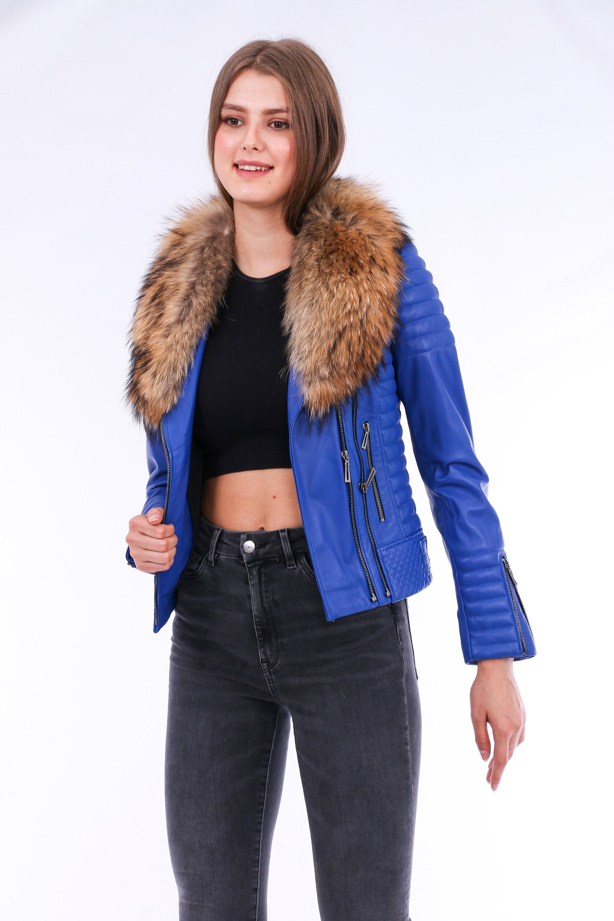Blue Milani quilted leather biker jacket by Sangria Iapetus, featuring a stylish quilted design and classic biker silhouette.