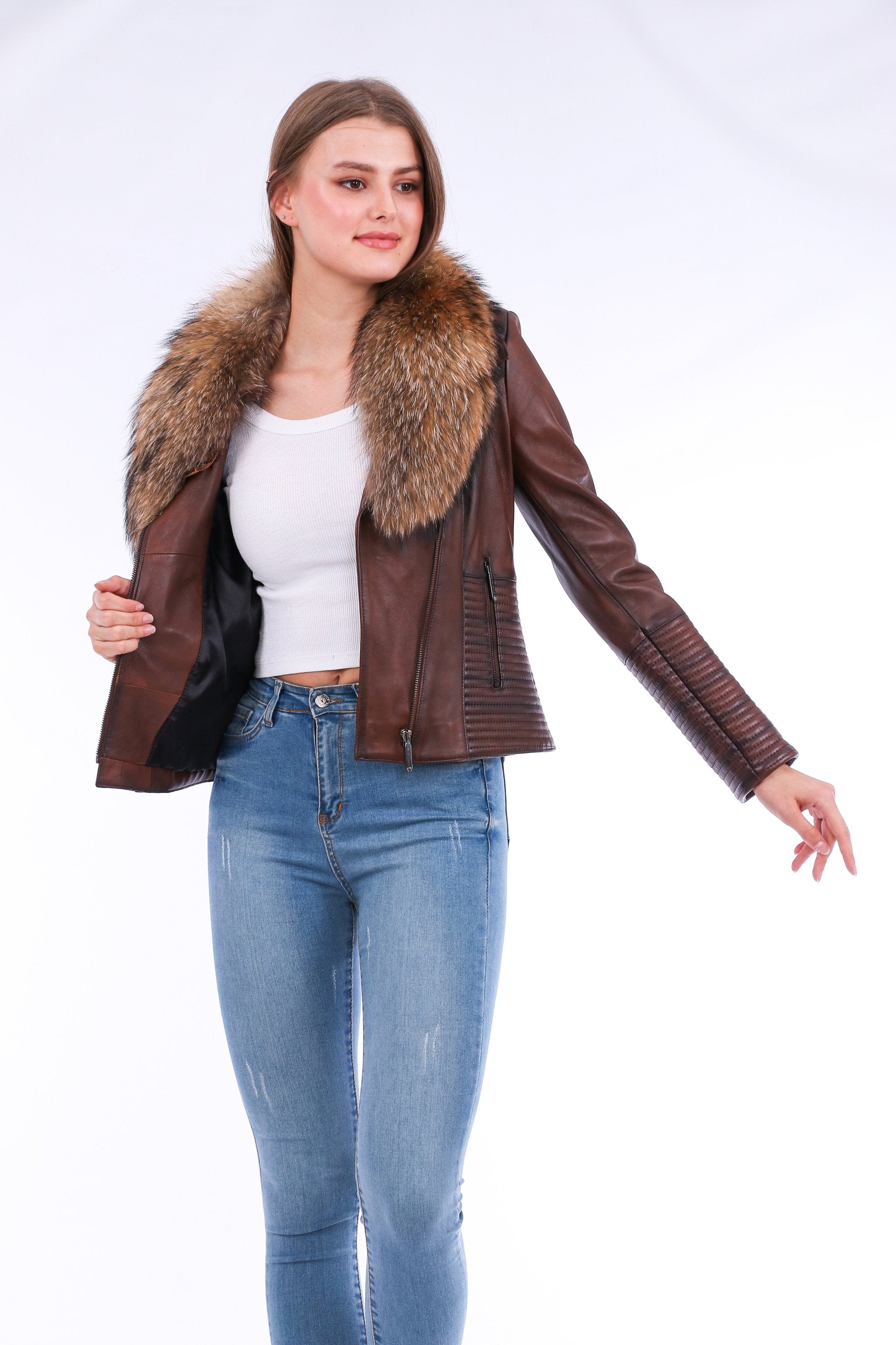 Brown Ravenna leather biker jacket by Sangria Iapetus, featuring classic design, metal hardware, and a structured fit.