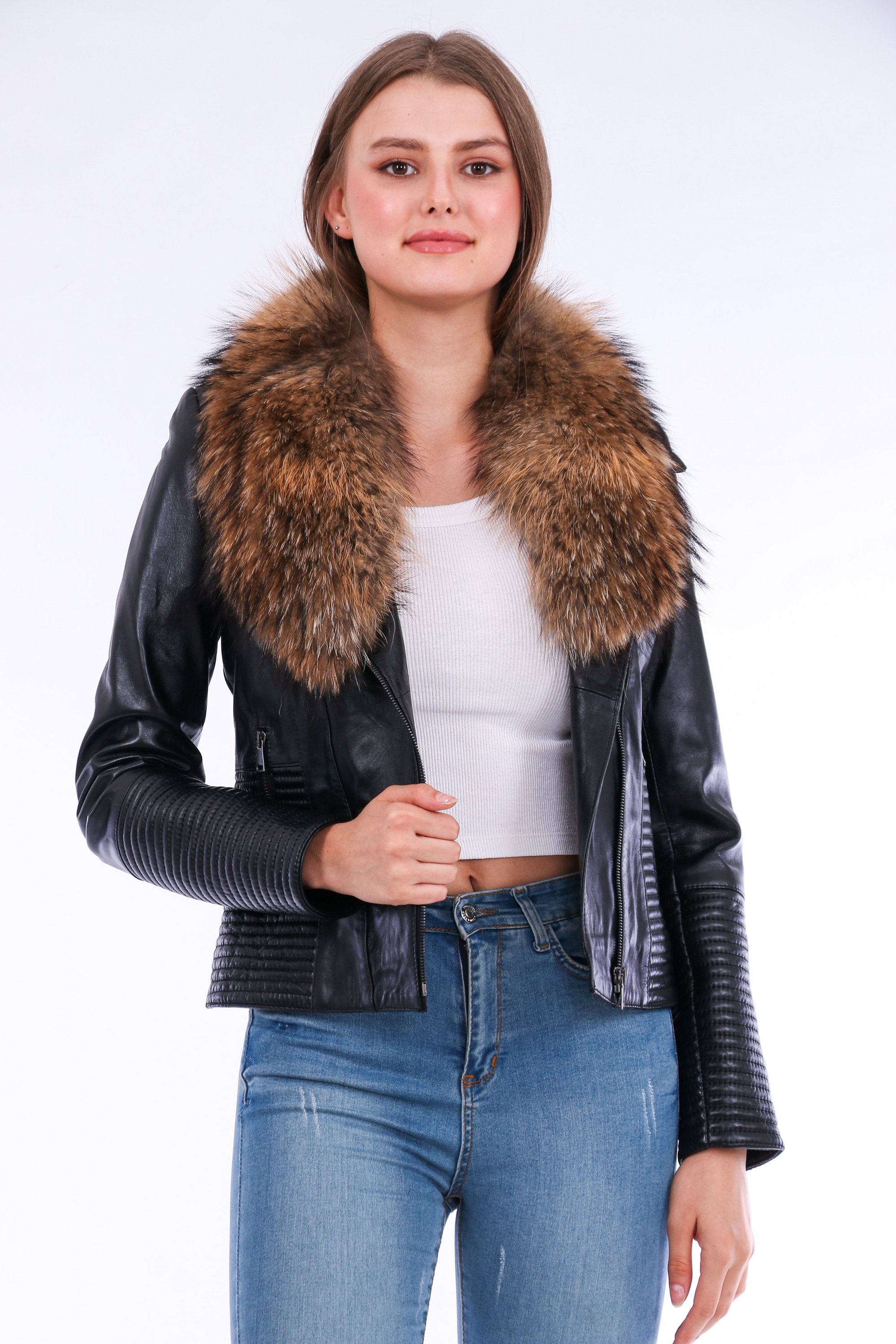 Black Ravenna leather biker jacket by Sangria Iapetus featuring classic lapels and silver hardware on a mannequin.