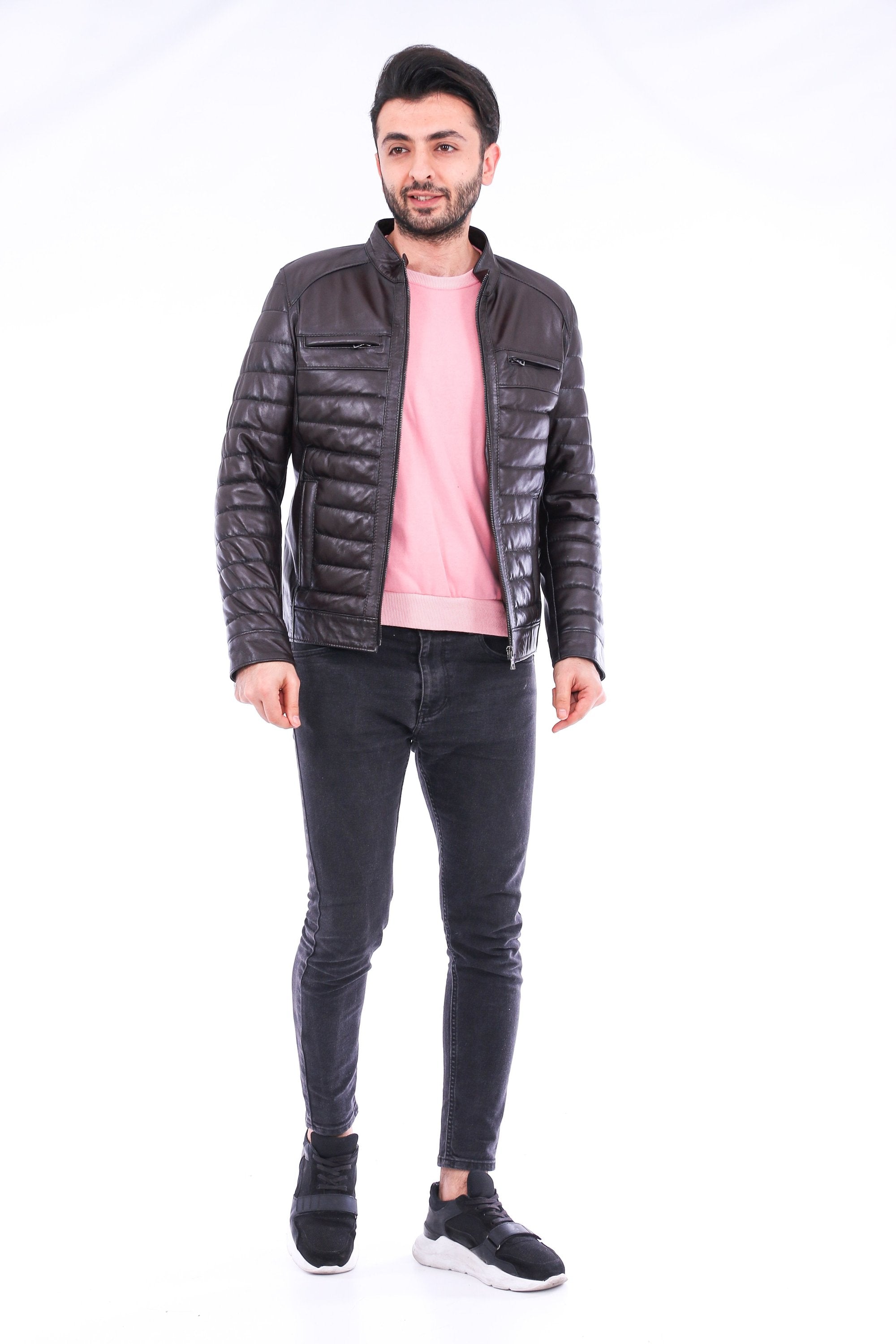 Sangria Iapetus Loano Quilted Biker Jacket with quilted design, front zipper, and fitted style, displayed on a hanger.