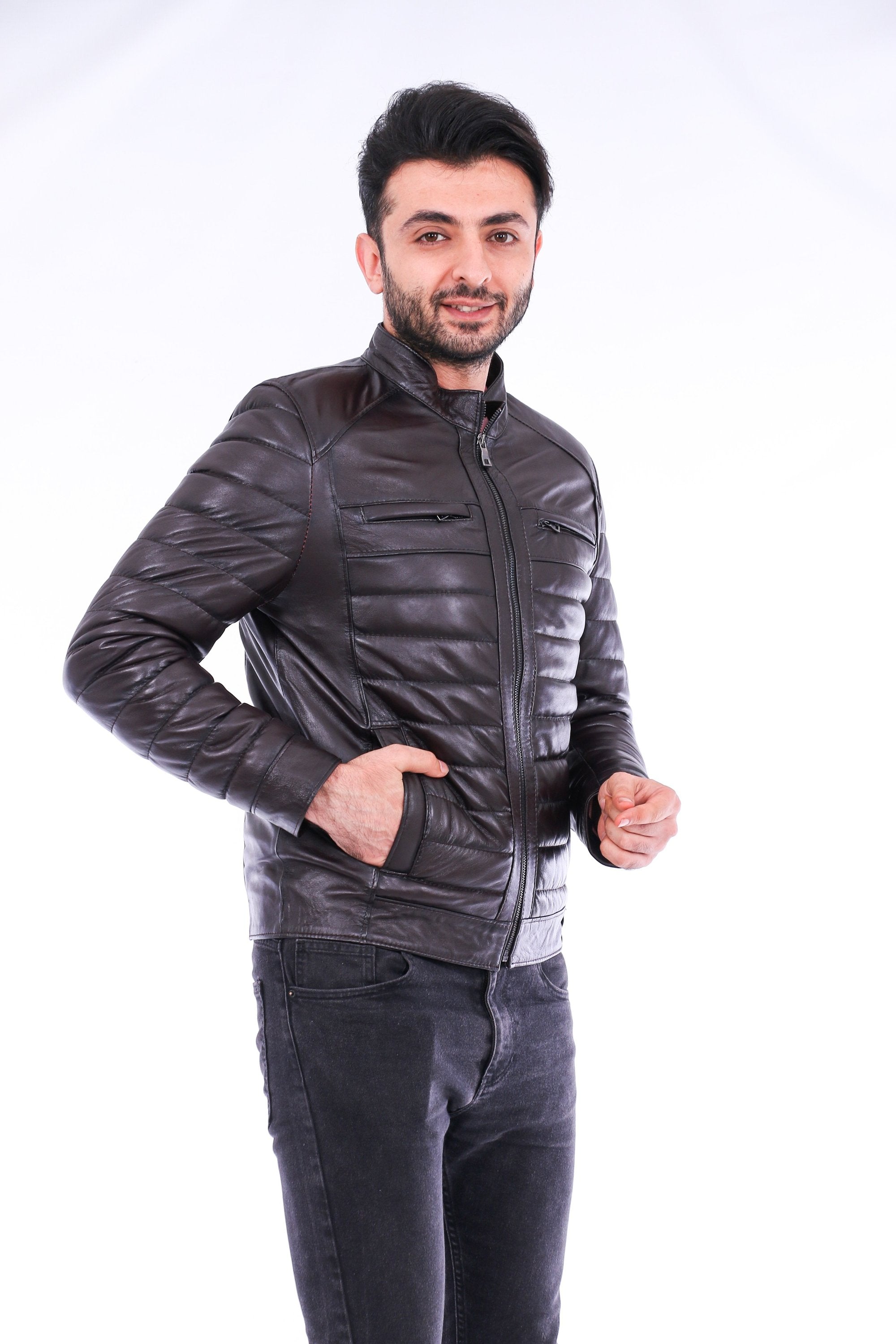 Sangria Iapetus Loano quilted biker jacket in black, featuring a quilted design, collar, and front zipper for a stylish, edgy look.